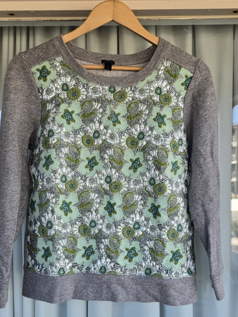 J. Crew Mint & Gray Floral Embellished Crewneck Sweater
